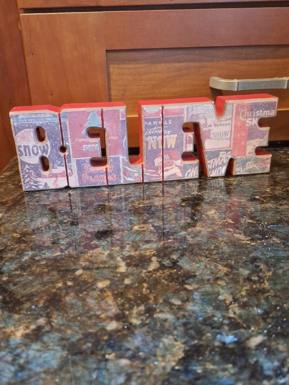 Festive 'BELIEVE' Holiday Wooden Block Sign - Red and Cream
